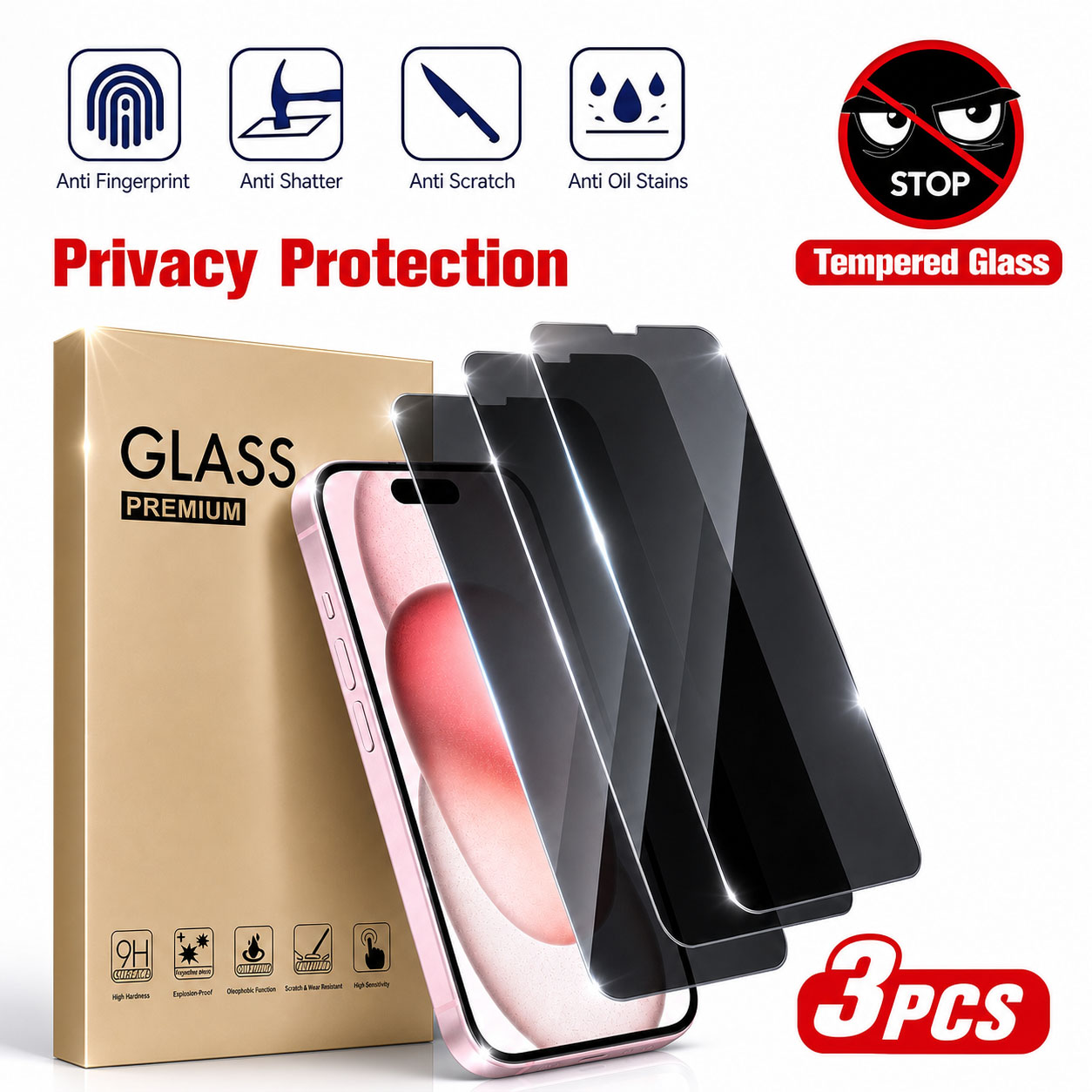 Anti Spy Privacy Glass Case - 3 Stück Sichtschutzfolie, kompatibel mit Apple