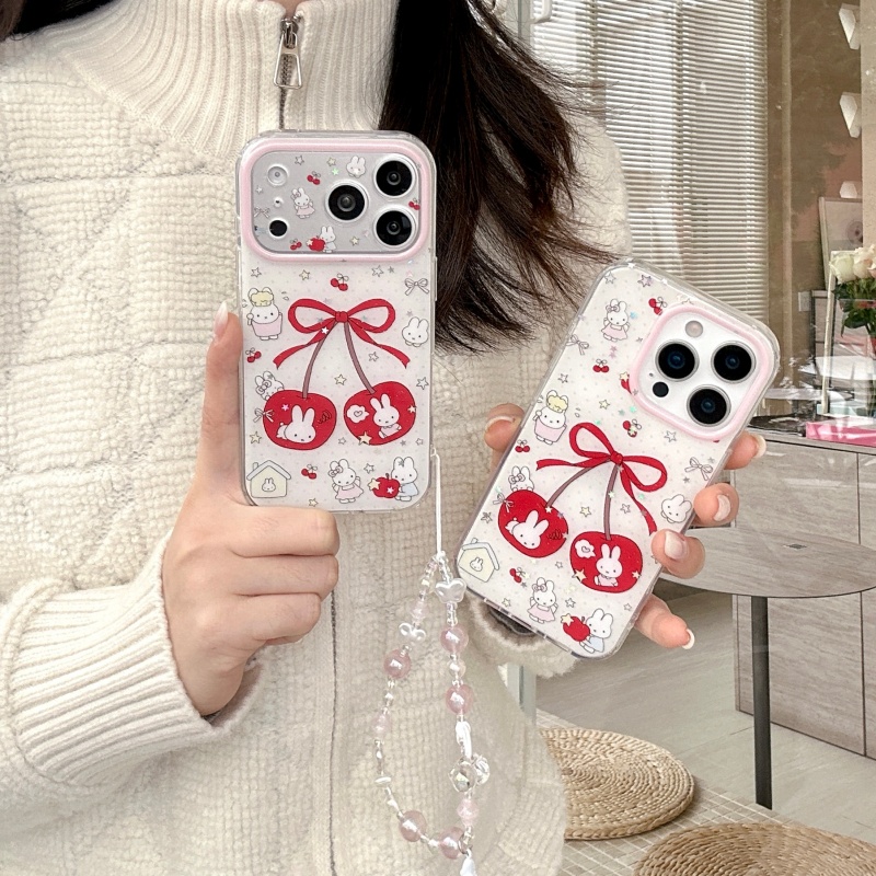 Cute Cartoon Wrist Strap Silicone Case - Niedliche Cartoon-Süßkirsche Miffy Funkelnde Handyhülle für