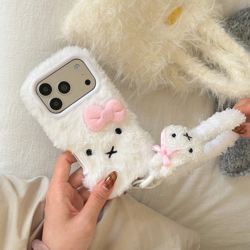 Cute Cartoon Wrist Strap Silicone Case - Niedliche Cartoon-Handyhülle aus weißem, flauschigem Fell