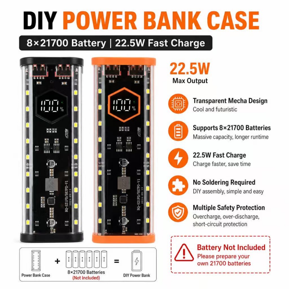 Power Banks - 8*21700 Batteriegehäuse 22,5W Schnellladung DIY Batterie-Aufbewahrungsbox
