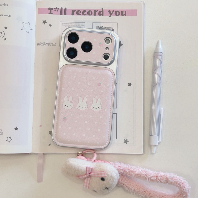 Cute Cartoon Wrist Strap Silicone Case - Niedliche Erdbeer-Cartoon-Miffy Polka-Dots Leder-Handyhülle für iPhone